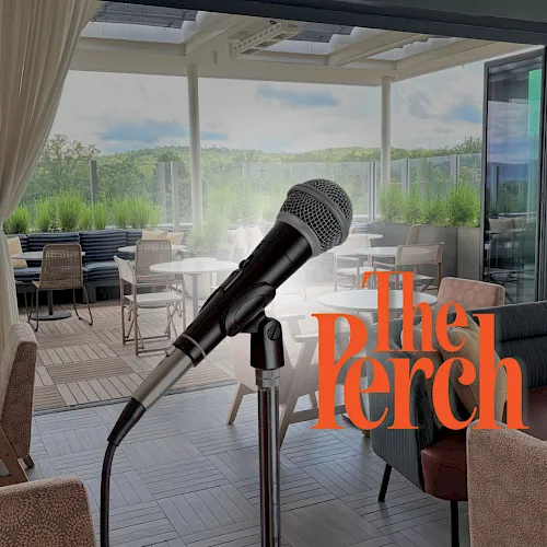 An outdoor patio with sofas and chairs, with a microphone overlay in the foreground suggesting an interview.