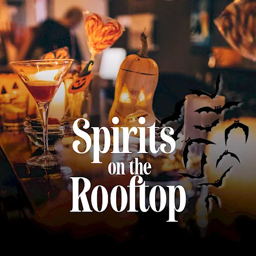 Halloween rooftop party scene with martinis and pumpkins, bats/ghost silhouettes, and the title “Spirits on the Rooftop”.