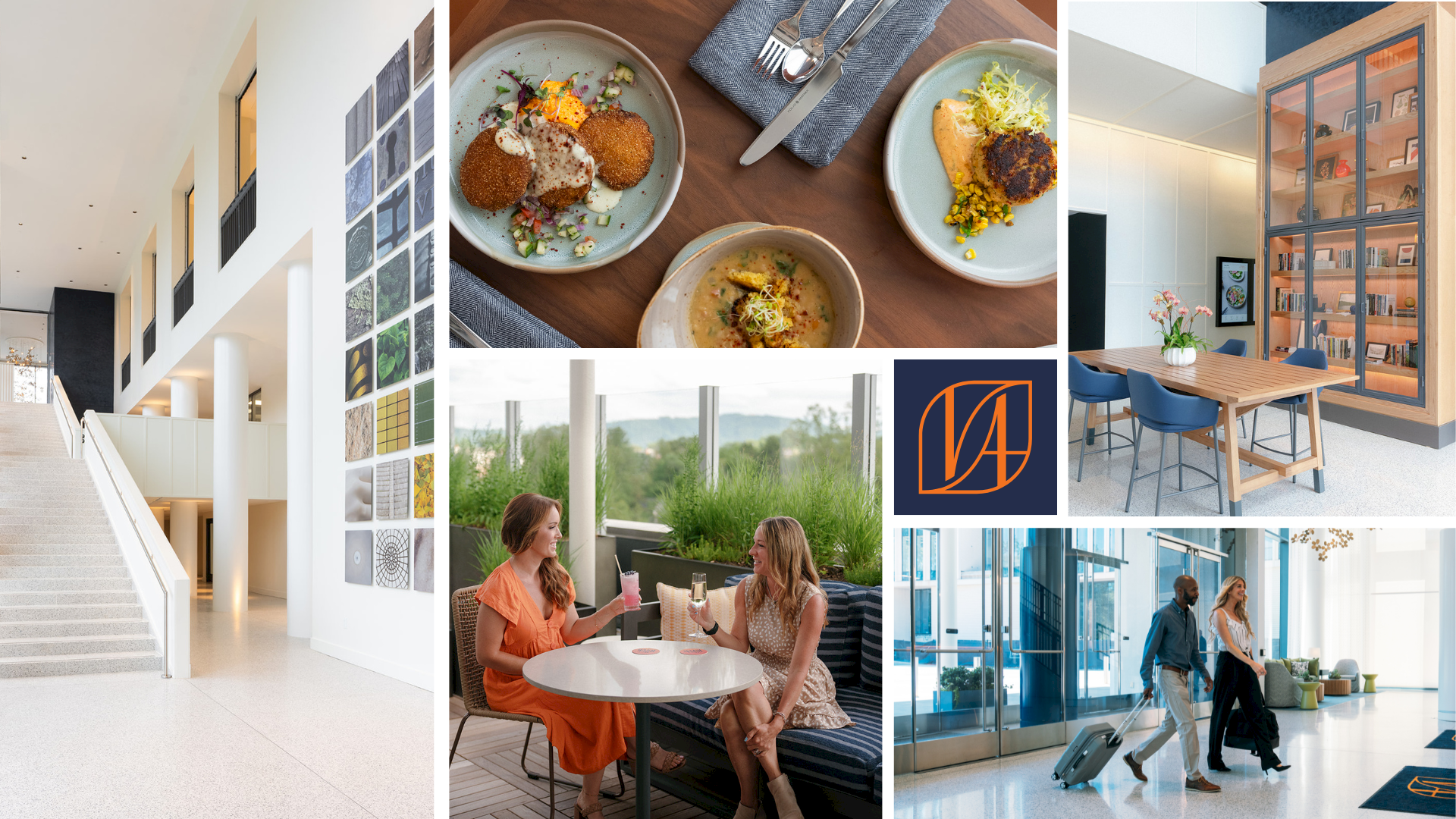 A collage of modern living and dining spaces: stairs and art walls, plated meals, friends dining, a business lobby, and an orange logo.