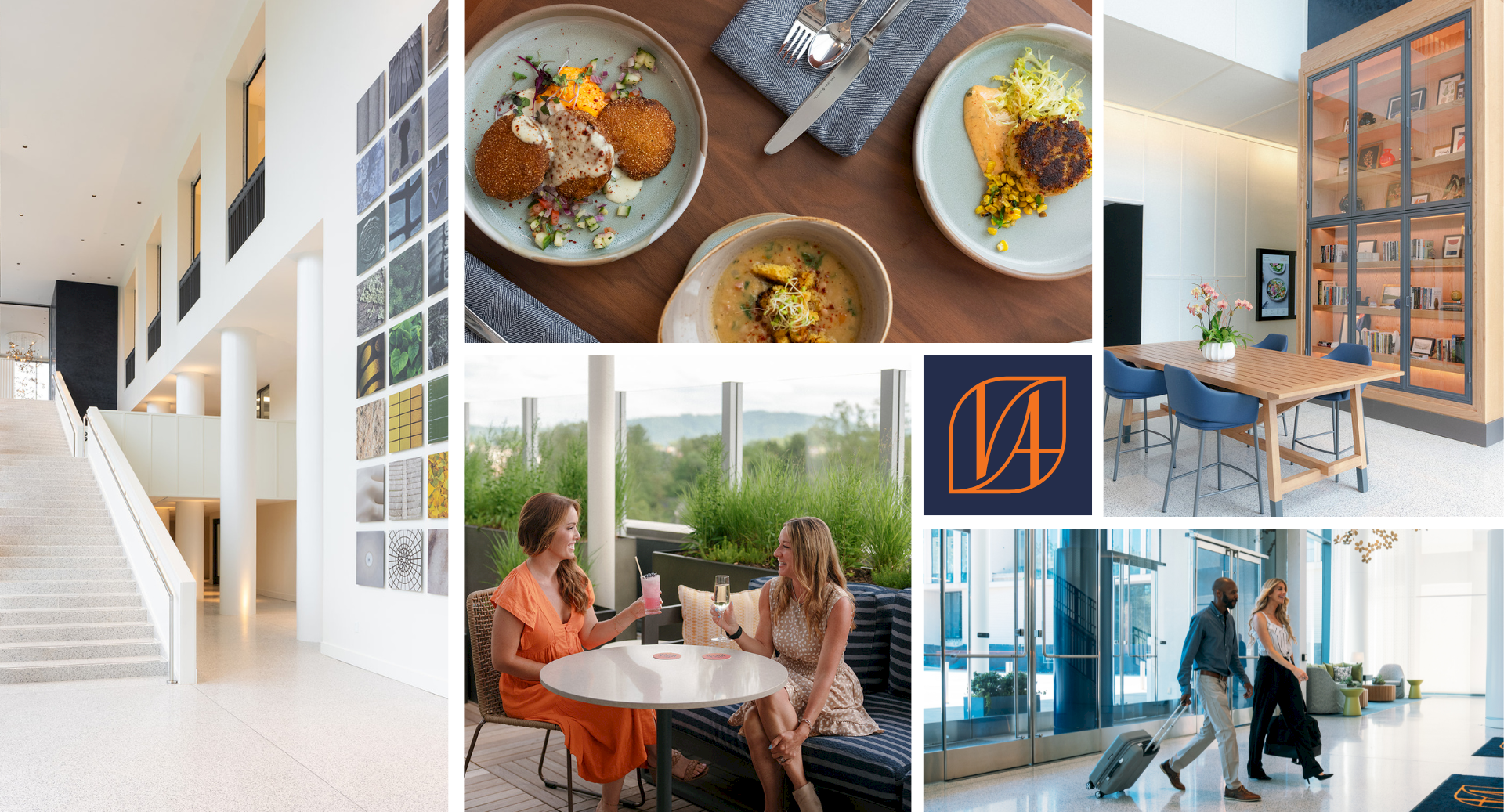 A collage of modern living and dining spaces: stairs and art walls, plated meals, friends dining, a business lobby, and an orange logo.