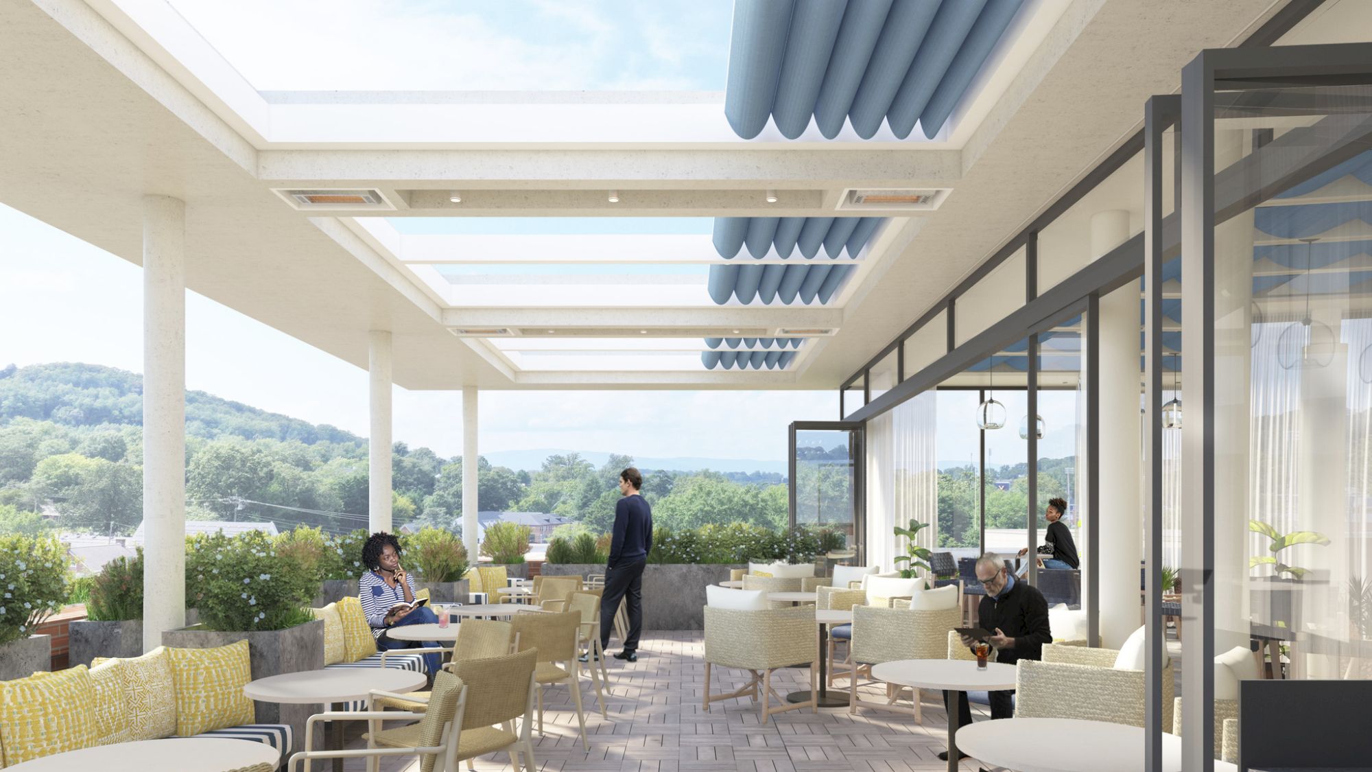 A modern outdoor cafe on a sunny terrace with white and yellow seating, glass walls, and lush green hills in the background, people dining.