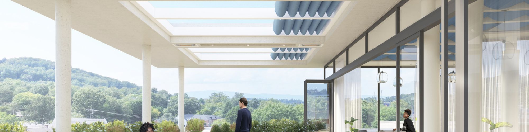 A modern outdoor cafe on a sunny terrace with white and yellow seating, glass walls, and lush green hills in the background, people dining.