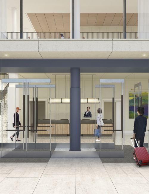 A modern building entrance with glass doors, people walking in and out, and a person with a red suitcase outside the lobby.