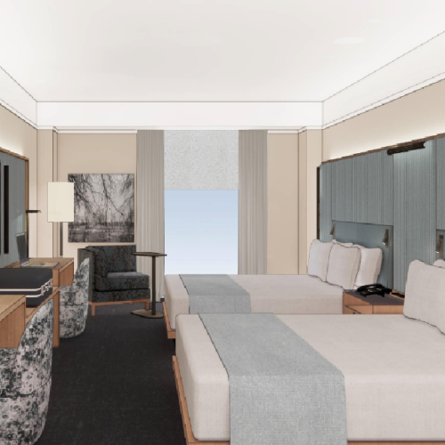 A hotel room with two neatly made beds, a desk area, seating, and a large window view; calm blue-gray accents and modern decor.