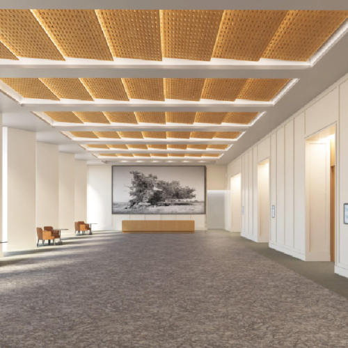 A spacious, modern lobby with high ceilings, warm wood paneling, carpeted floor, seating nooks along the left wall, and soft, ambient lighting, plus a desk and framed artwork at the far end.