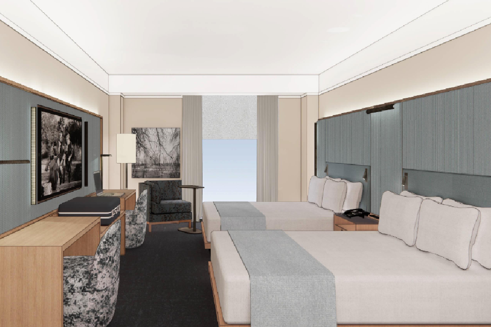 A modern hotel room with two queen beds, a desk, flat-screen TV, stylish seating, soft neutrals, and a balcony view of the sea.