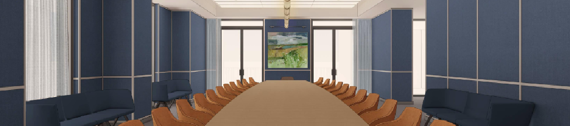 A long conference table with brown chairs on both sides, blue walls, and a screen at the far end in a modern meeting room, ready for a presentation.