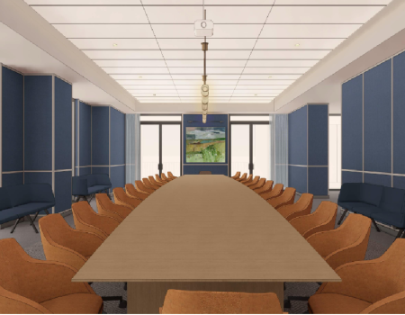 A long conference table with brown chairs on both sides, blue walls, and a screen at the far end in a modern meeting room, ready for a presentation.