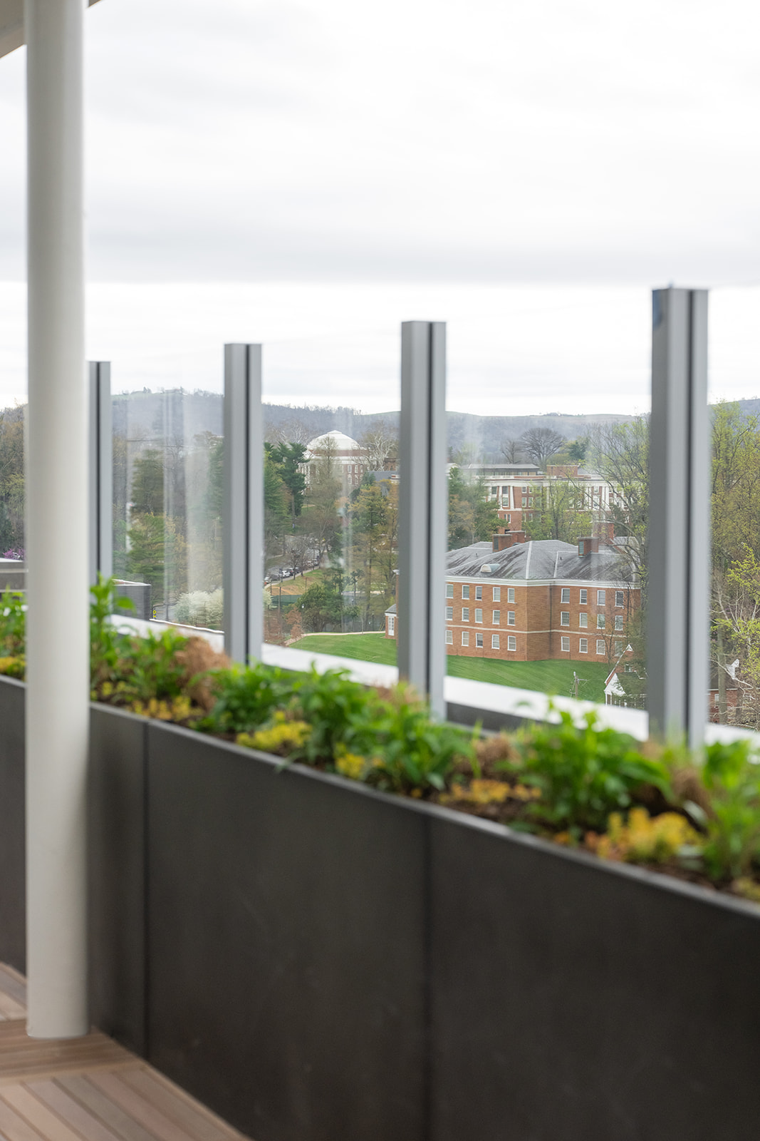 A balcony with glass panels overlooks a cityscape of brick buildings and trees, with a planter along the railing and cloudy skies.