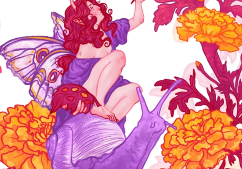 A purple dragon rides among vivid orange flowers with a red-haired fairy perched on its back, wings fluttering amid lush petals.