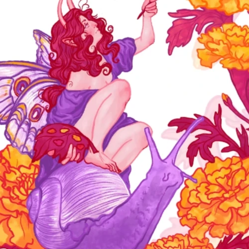 A purple dragon rides among vivid orange flowers with a red-haired fairy perched on its back, wings fluttering amid lush petals.