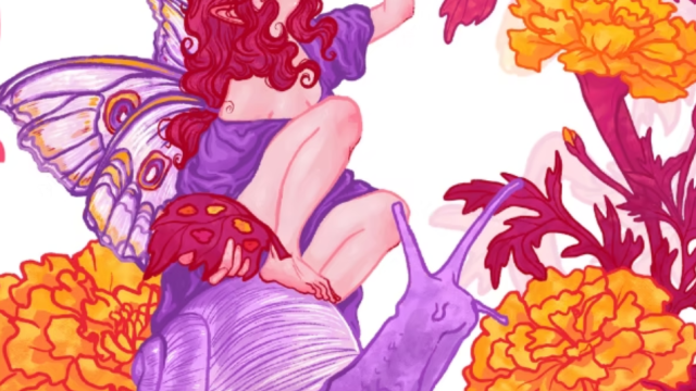 A purple dragon rides among vivid orange flowers with a red-haired fairy perched on its back, wings fluttering amid lush petals.