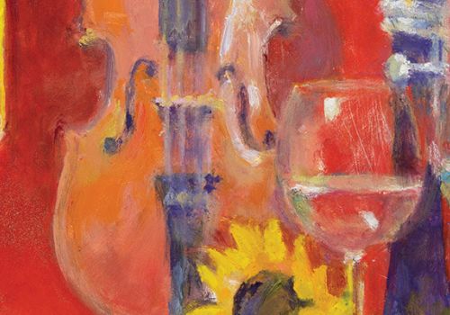 A colorful abstract still-life: musicians&rsquo; instruments (violin, trumpet) with glasses and a sunflower, all in bold reds, yellows, and greens, painted expresively.