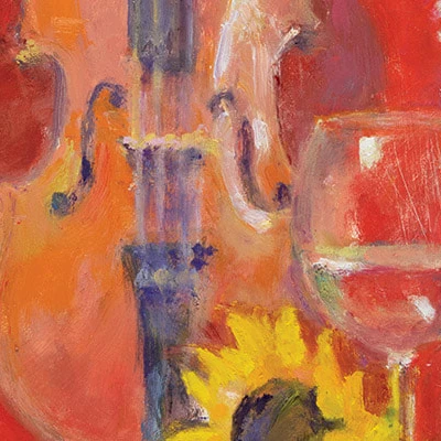 A colorful abstract still-life: musicians’ instruments (violin, trumpet) with glasses and a sunflower, all in bold reds, yellows, and greens, painted expresively.