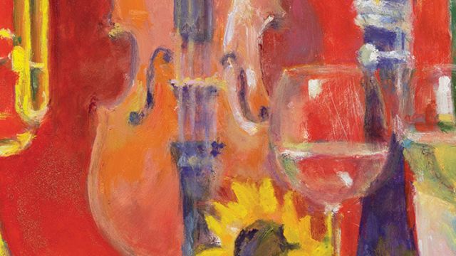 A colorful abstract still-life: musicians&rsquo; instruments (violin, trumpet) with glasses and a sunflower, all in bold reds, yellows, and greens, painted expresively.