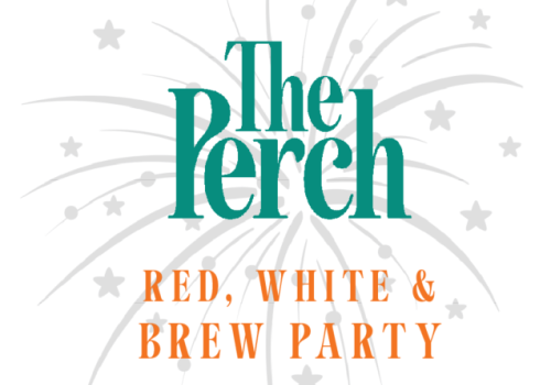A logo for &ldquo;The Perch&rdquo; with text &ldquo;RED, WHITE & BREW PARTY&rdquo; in teal and orange, framed by star-like fireworks. End sentence.