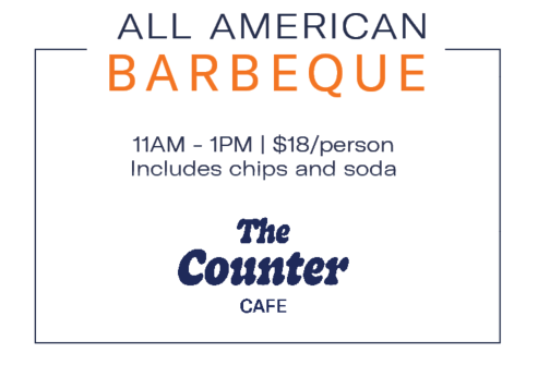 All American Barbeque promo: 11am&ndash;1pm, $18/person, includes chips and soda, The Counter Cafe.