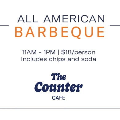 All American Barbeque promo: 11am–1pm, $18/person, includes chips and soda, The Counter Cafe.