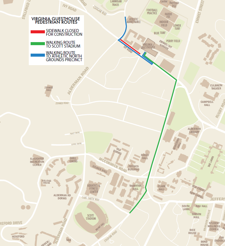 A map showing a route with color-coded segments (green, red, blue) and a legend in the top-left; surrounding roads and buildings outline. The sentence ends here.