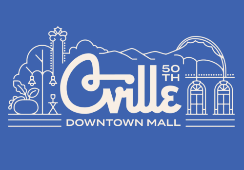 A stylized white line drawing of a cityscape with the text &ldquo;Ville 50th Downtown Mall&rdquo; on a blue background, featuring arches, trees, and mountains.