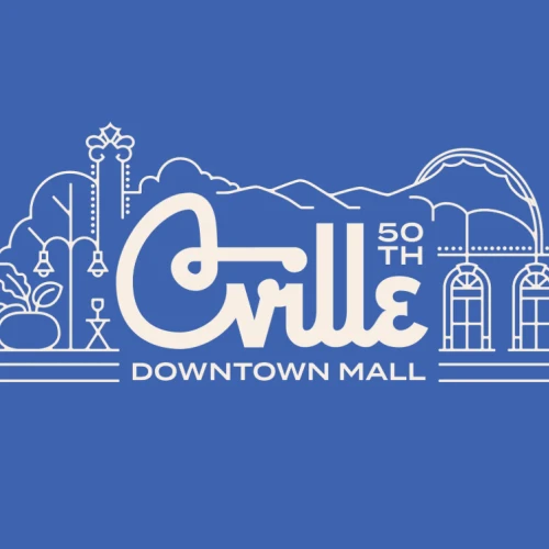 A stylized white line drawing of a cityscape with the text &ldquo;Ville 50th Downtown Mall&rdquo; on a blue background, featuring arches, trees, and mountains.