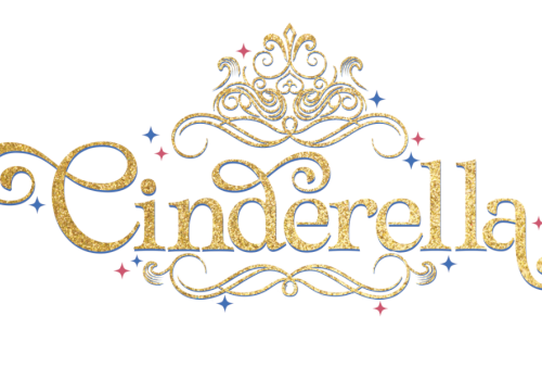 The image shows a glittery gold "Cinderella" logo with ornate swirls and small pink and blue stars, centered on a white background.