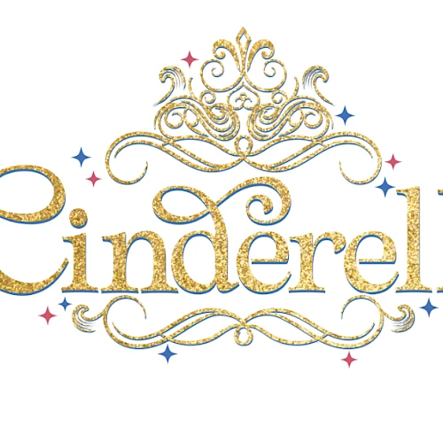 The image shows a glittery gold "Cinderella" logo with ornate swirls and small pink and blue stars, centered on a white background.