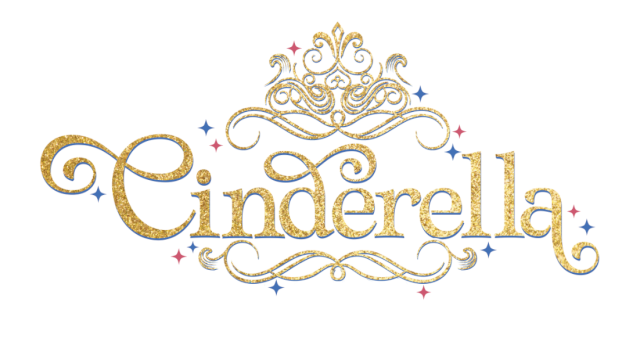 The image shows a glittery gold "Cinderella" logo with ornate swirls and small pink and blue stars, centered on a white background.
