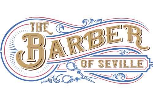 The Barber of Seville logo with ornate blue and red scrollwork, gold lettering, and vintage styling.