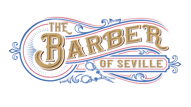 The Barber of Seville logo with ornate blue and red scrollwork, gold lettering, and vintage styling.