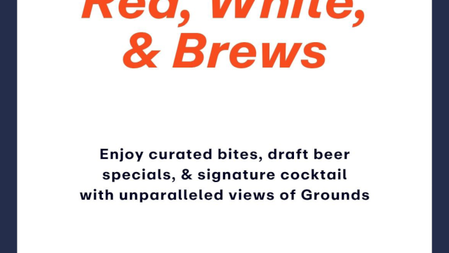 A promotional sign reads &ldquo;Red, White, & Brews&rdquo; with a tagline about curated bites, draft beer, specials, and a signature cocktail with views.