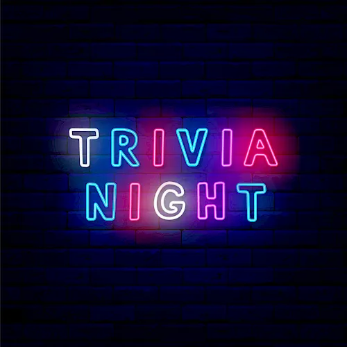 A neon sign reading “TRIVIA” and “NIGHT” glowing in bright blue, pink, and purple against a dark brick wall background.