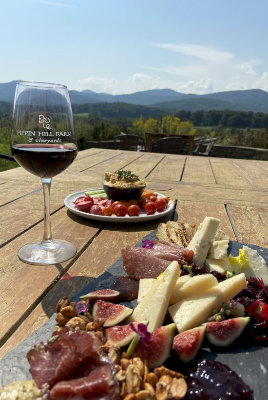 A red wine glass at a winery table with cheese, cured meats, grapes and figs, overlooking green hills and mountains.