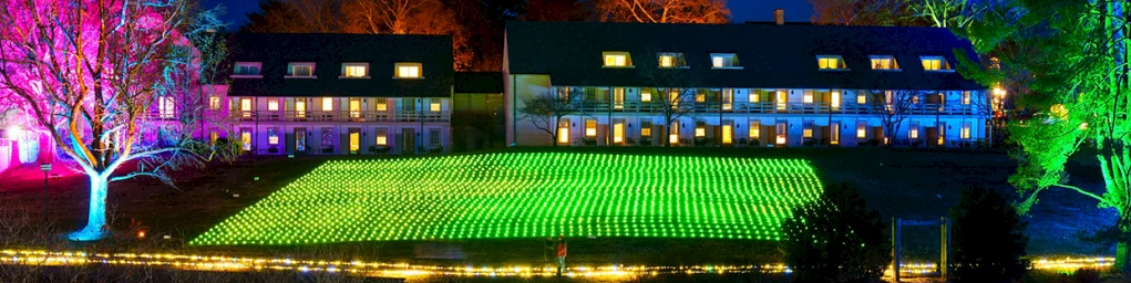 A night scene of a campus with colorful lit trees, a green glowing lawn, and illuminated buildings beside a pond.